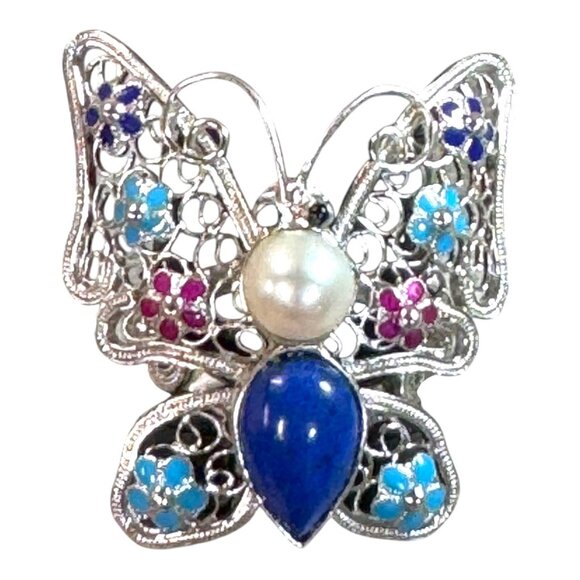 Butterfly Enamel Sterling Silver Ring Lapis Lazuli Pearl Accents Cloisonne 925 - Picture 4 of 11